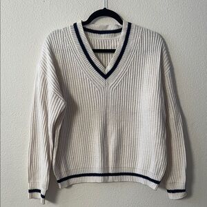SHEIN Cream and Navy V-Neck Women's Sweater